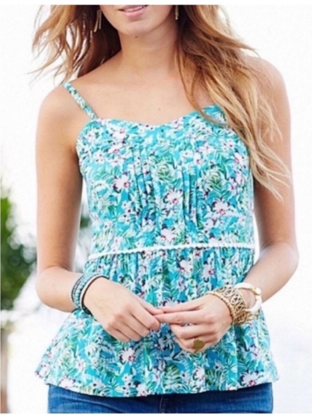 Matilda Jane Tropical Dream Cami tank top blue pink floral pleated peplum